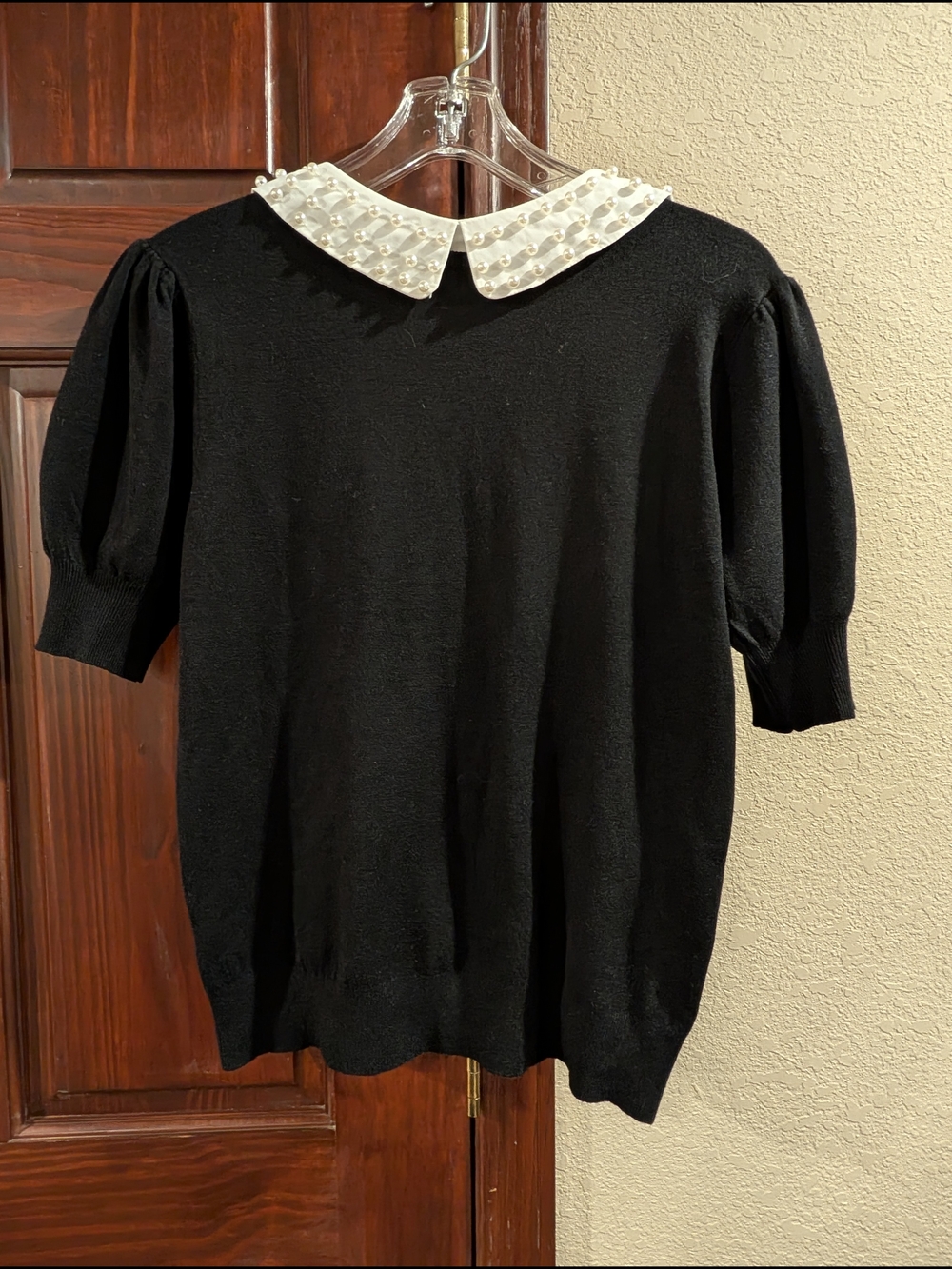 Black Knit Top with Pearl-Trim White Peter Pan Collar